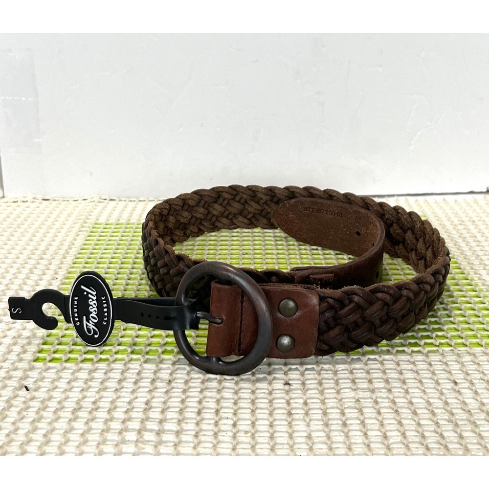 Fossil Braided Leather Belt Womens Small Brown Distressed‎ Woven O-Ring NEW